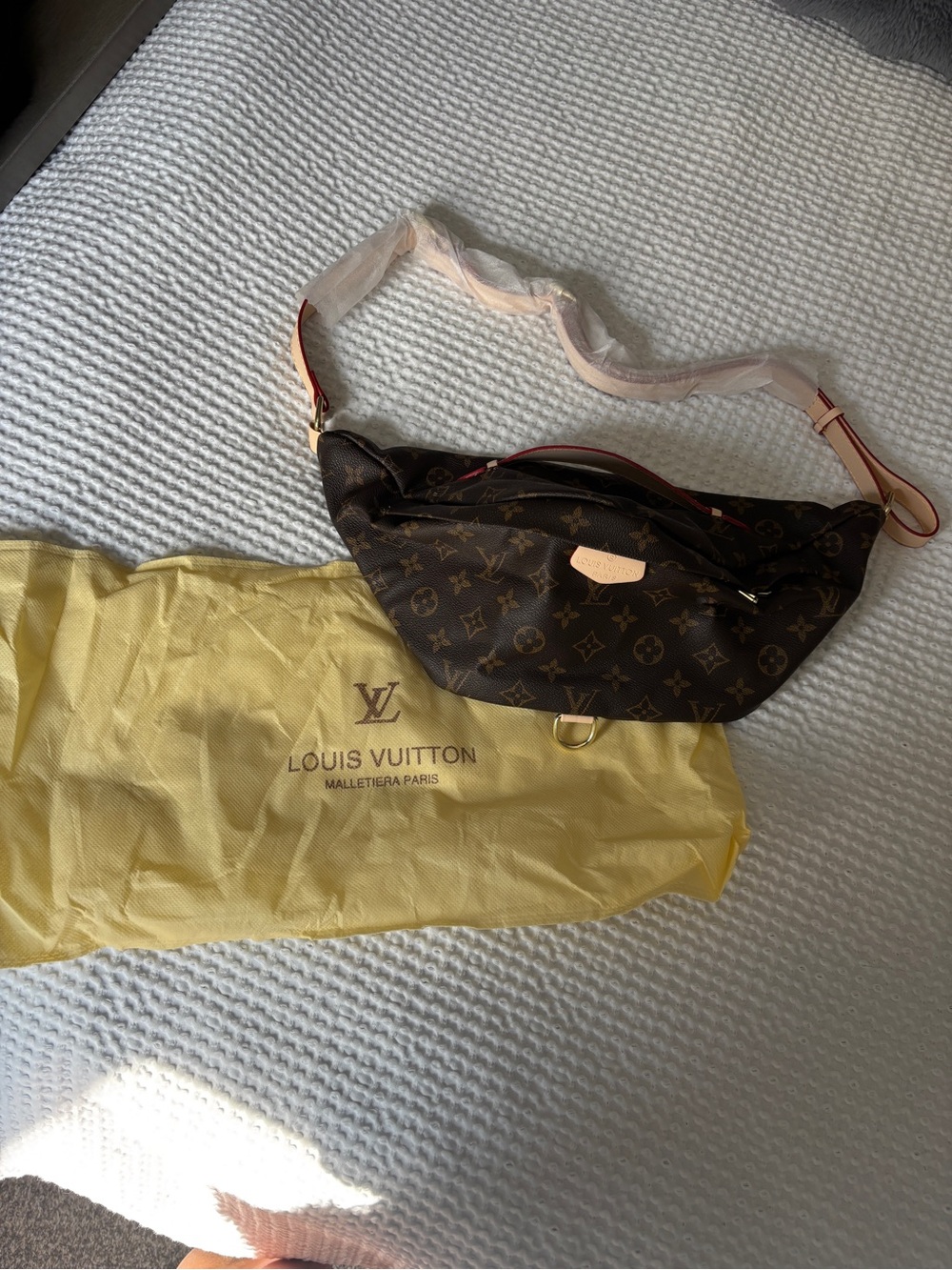 NWT Brown Monogram Crossbody Bumbag with Beige Strap